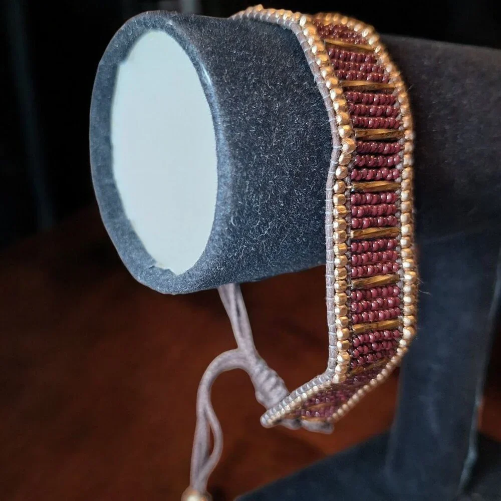 Handcrafted Brown Beaded Bracelet With Gold & Bronze Accents Adjustable Strap Ha